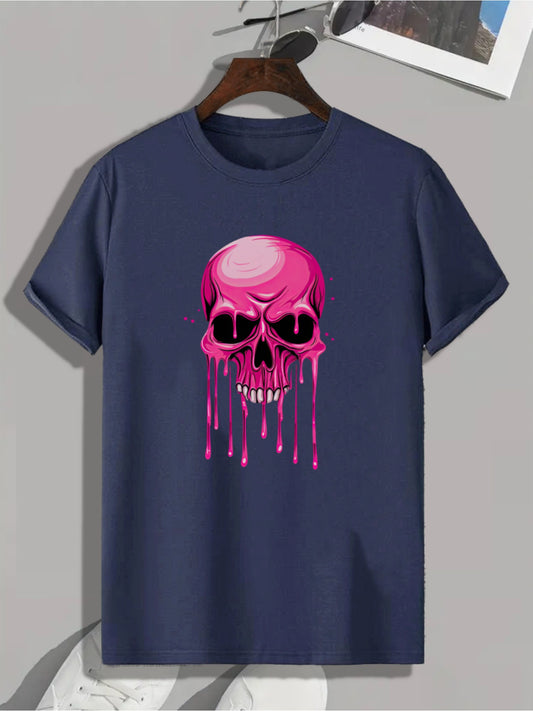 Men's Casual Cartoon Skull Graphic Tee - Soft Polyester, Round Neck, Short Sleeve, Machine Washable
