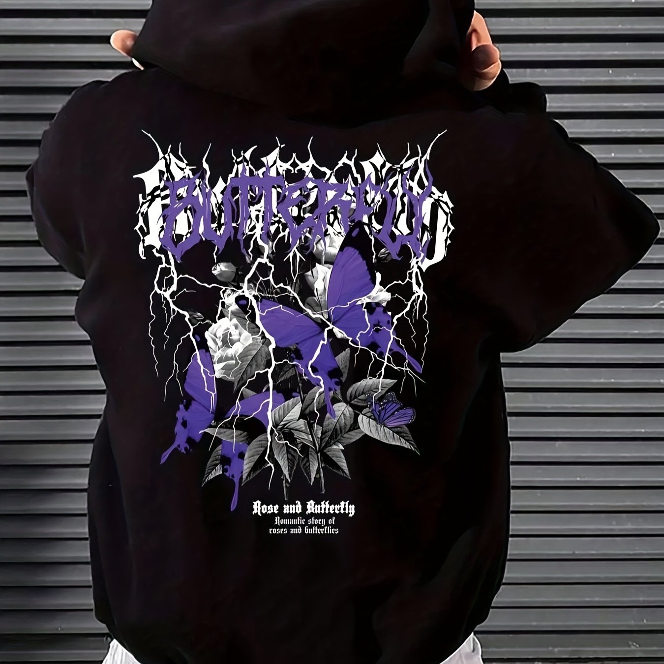Men's Casual Hoodie with Letter and Butterfly Print, Fleece-Lined Loose Fit Pullover, Polyester, Non-Stretch Fabric - Ideal for Fall/Winter