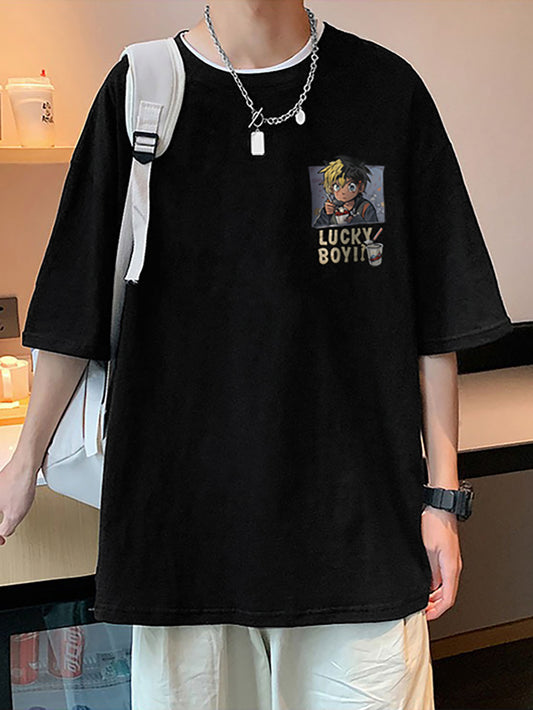 Lucky Boy Graphic Print T-Shirt, 100% Cotton Crew Neck Tee, Casual Summer Knit Fabric Top for Teens, Regular Fit Short Sleeve Shirt, Tween Boy Clothes