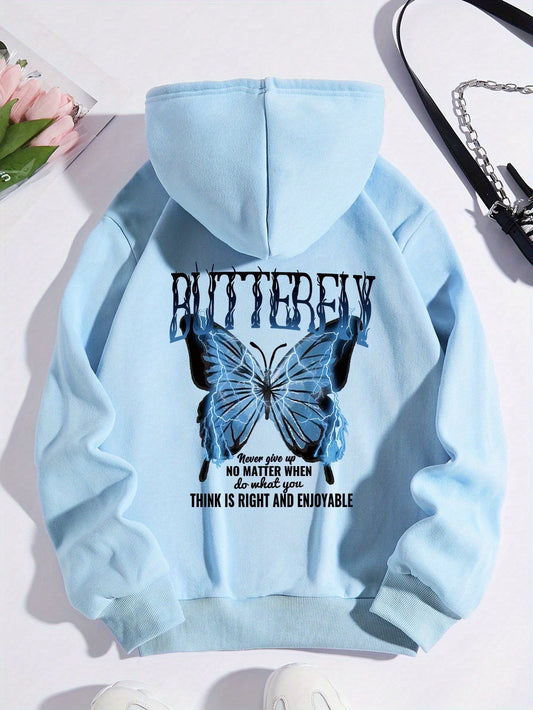 Women's Light Blue Butterfly & Letter Print Hoodie - Casual Drawstring, Long Sleeve, 100% Polyester Sweatshirt with Ribbed Cuffs and Hem, Machine Washable for Fall/Winter, Butterfly Hoodie