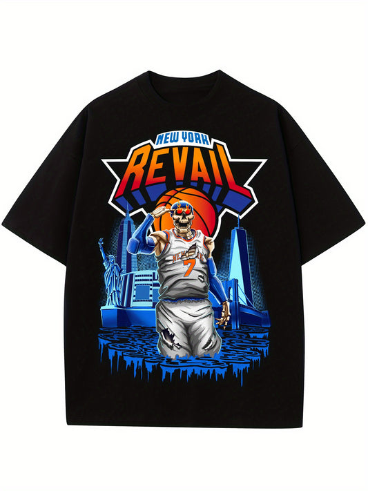 Vintage New York Rebel Basketball Player T-Shirt, 100% Cotton Crew Neck, Slight Stretch, Regular Fit, Summer Hip Hop Off Shoulder Tee, Unisex Heat Transfer Print Top