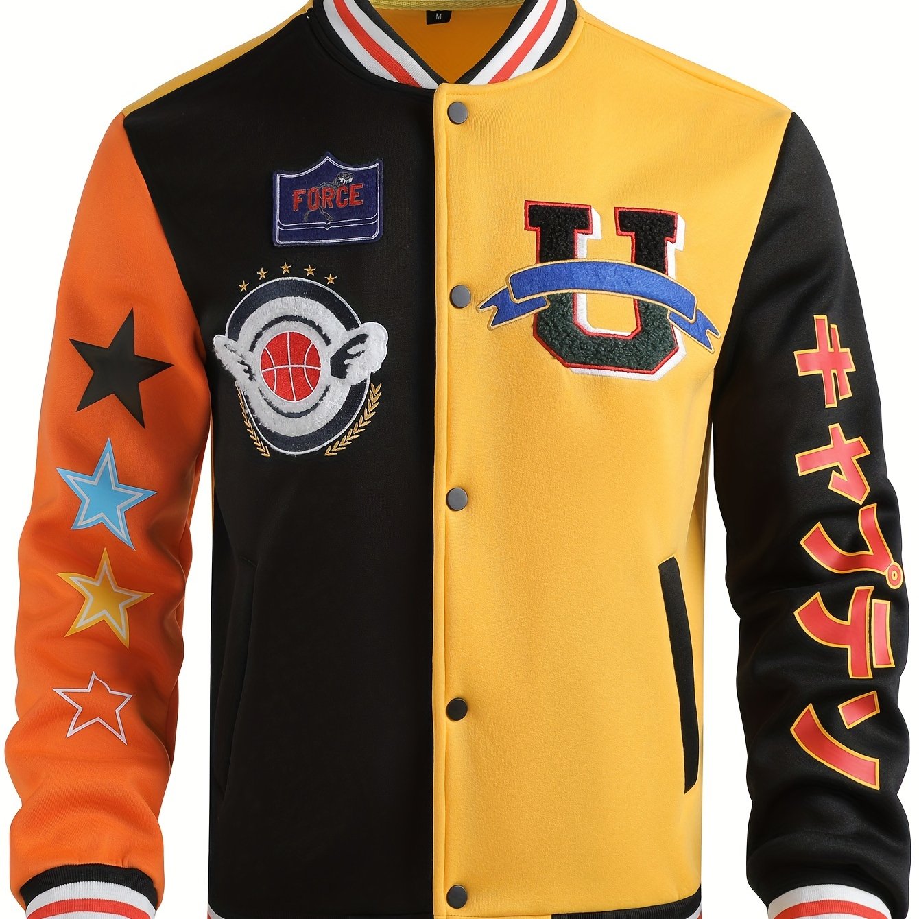 Men's Casual Letter Print Embroidered Color Block Street Style Outdoor Sports Baseball Jacket with Knitted Fabric, Long Sleeve, Baseball Collar, Single Button Closure, and Pocket Details