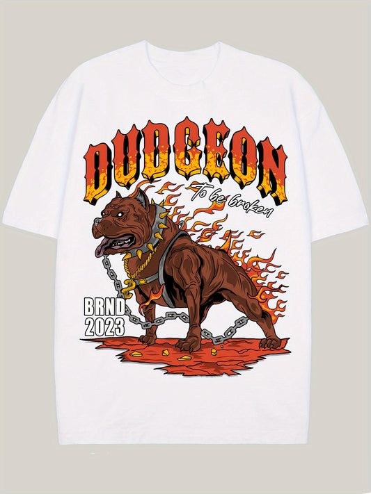 Men's Flaming Bulldog With Chain Pattern And DUDGEON TO BE BROKEN Print Crew Neck T-shirt, Pure Cotton Fashion Top For Summer Street And Sports Wear