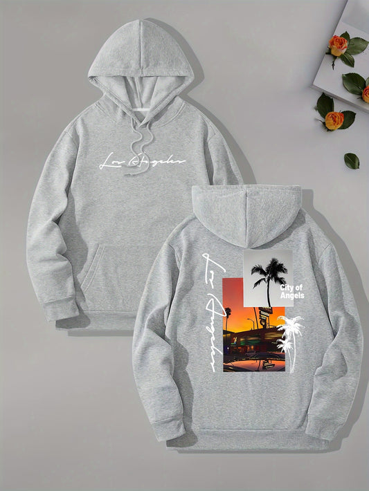 Beach Los Angeles Print Men's Pullover Hoodie, Kangaroo Pocket Long Sleeve Hooded Sweatshirt, Loose Casual Tops, Men's Clothes For Fall Winter