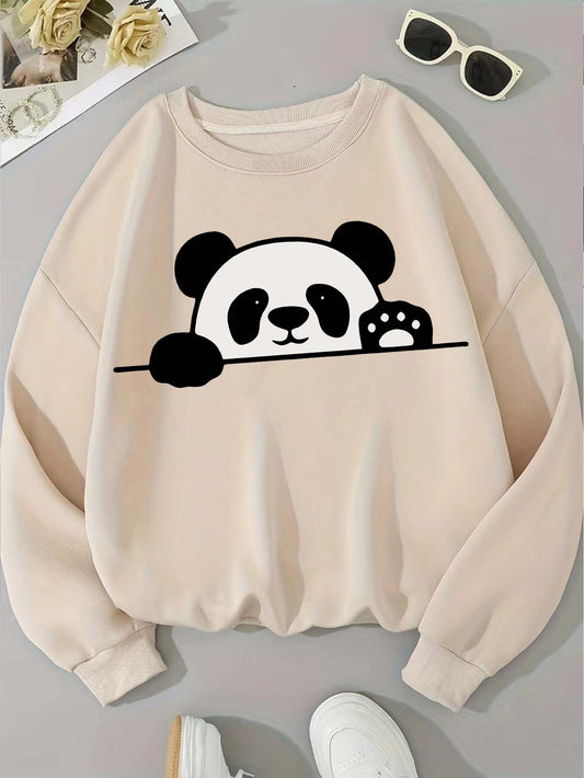 A Casual Sports Sweatshirt With A Simple Panda Print For Women With Long Sleeves And A Round Neck.