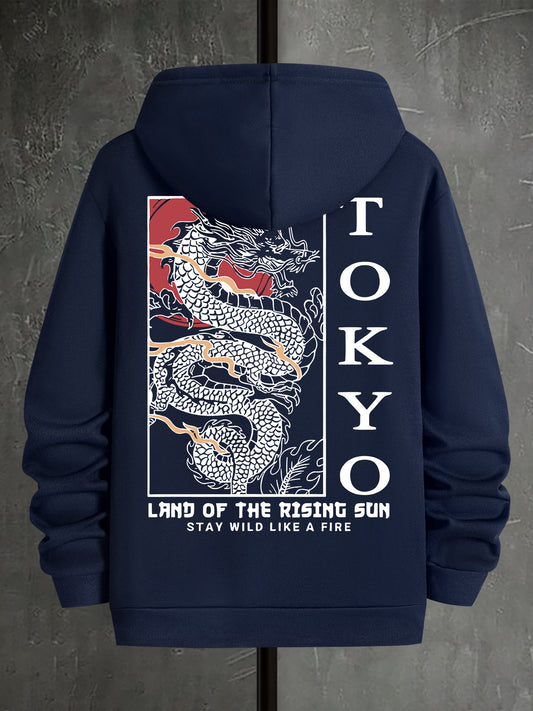 Men's Casual Hoodie with Geometric Dragon Print - Polyester, Kangaroo Pocket, Long Sleeve Pullover for Spring & Fall