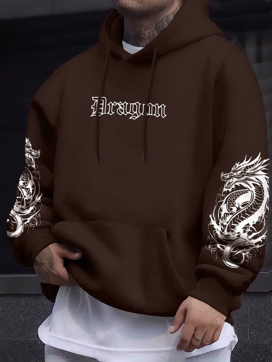 Men's Casual Dragon Print Fleece-Lined Hoodie with Drawstring & Kangaroo Pocket - Soft Polyester Blend, Geometric Design, Machine Washable for Spring/Fall
