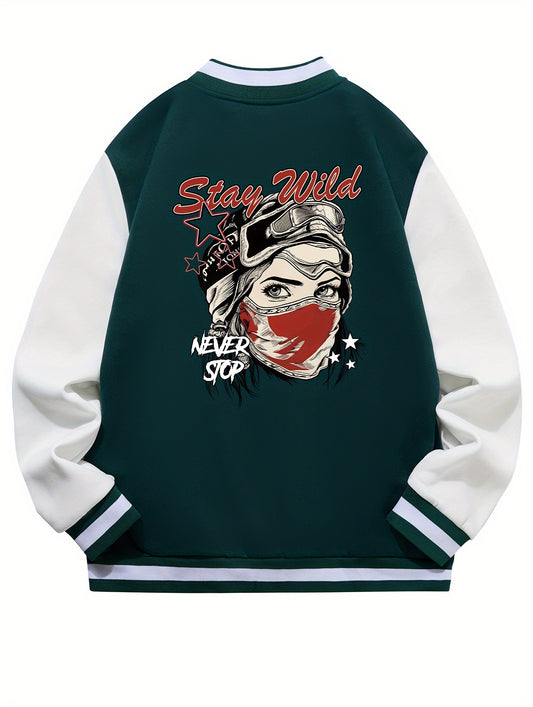 1pc Unisex Motorcyclist Print Slogan Casual Outdoor Sports Baseball Jacket, Polyester Knit Fabric with Slight Stretch, Regular Fit, Snap Closure, Baseball Collar, No Lining, Spring/Fall Season