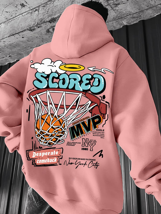 Spring/Fall Casual MVP Basketball Graphic Hoodie for Men - Knitted Fabric Regular Fit with Slight Stretch - Polyester & Elastane Blend, Geometric-Pattern, Hooded Pullover - Fashion Sportswear