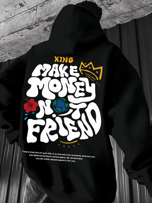 Men's Casual Hoodie, Spring/Autumn Fashion, Geometric Pattern, Knit Fabric, Regular Fit, Polyester, Stretchy, Crew Neck, "Make Money Not Friend" Graphic Tee