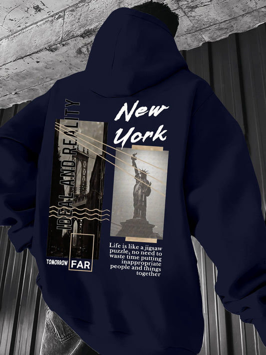 New York Print Casual Every Day Drawstring Hooded Sweatshirt, Men's New Trend Hoodie With Front Kangaroo Pocket, Men's Tops