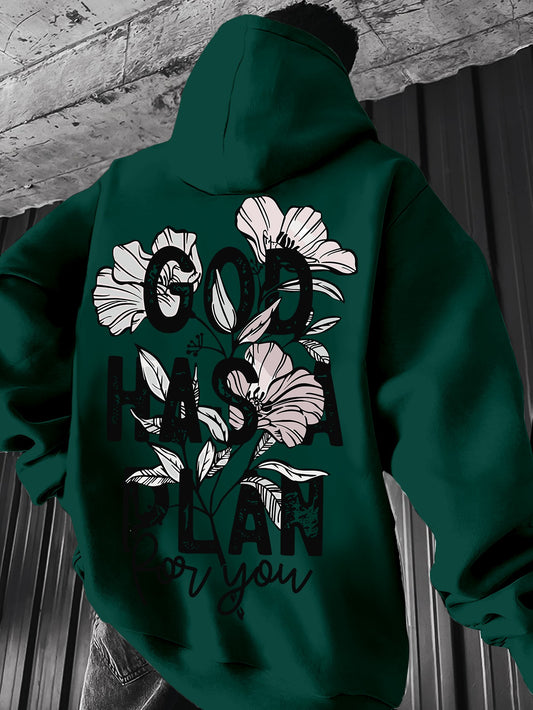Men's Vintage-Inspired "GOD HAS A PLAN" Floral Hoodie - Casual Knit Polyester Blend, Long Sleeve with Kangaroo Pocket, Machine Washable - Perfect for Spring/Fall, Oversized Hoodie