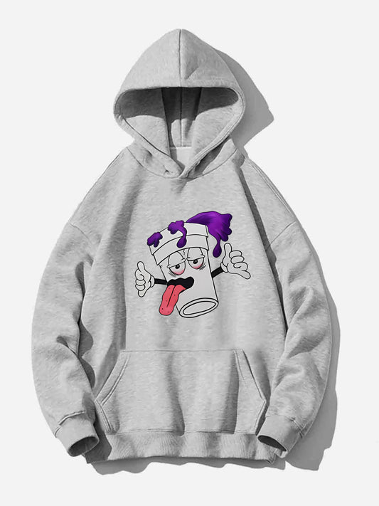 Men's Cozy Fleece-Lined Hoodie with Cute Cup Print - Casual & Stylish Pullover, Machine Washable