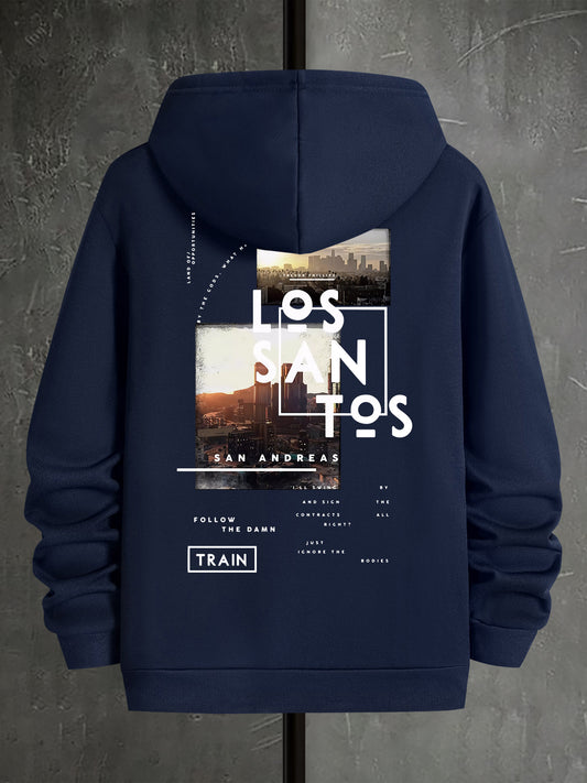 Men's Casual Hoodie with Geometric Print - Polyester, Kangaroo Pocket, Machine Washable - Perfect for Spring & Fall