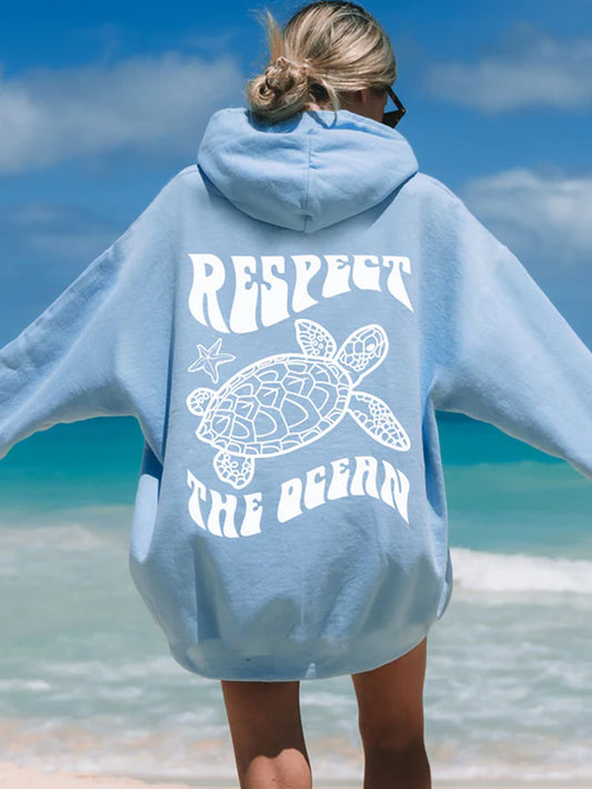 Women's Casual Pullover Hoodie, "Respect the Ocean" Letter Print, Knitted Polyester, Animal Graphic, Winter & Autumn Fashion, Unisex, Crew Neck, Drawstring, Ladies Fashion Sweatshirt