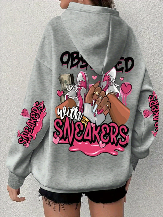 Casual Plus Size Hoodie with Long Sleeve Letter Print, Polyester Knit Pullover - Machine Washable, Hoodie Plus Size