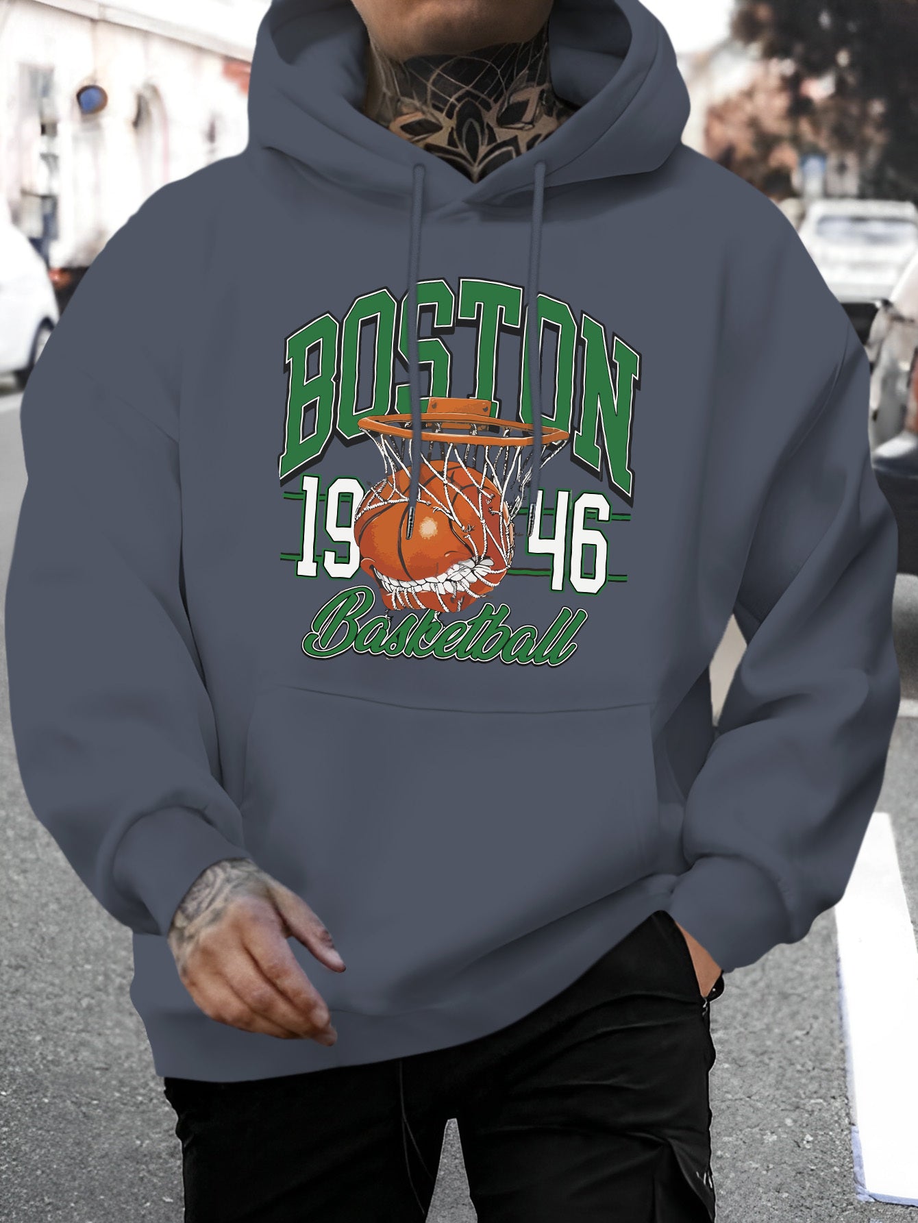 Men's Boston Letter & Basketball Print Hoodie - Casual Drawstring Pullover, Comfortable Long Sleeve with Kangaroo Pocket for Fall/Winter