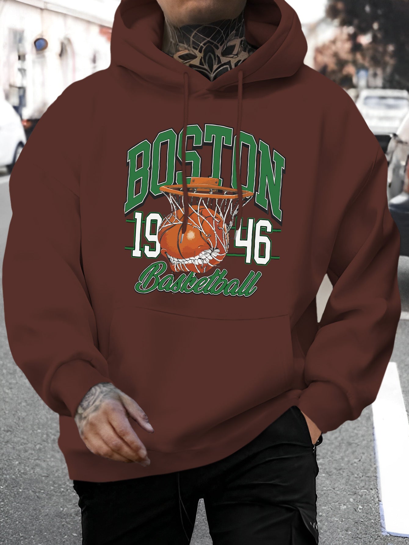 Men's Boston Letter & Basketball Print Hoodie - Casual Drawstring Pullover, Comfortable Long Sleeve with Kangaroo Pocket for Fall/Winter