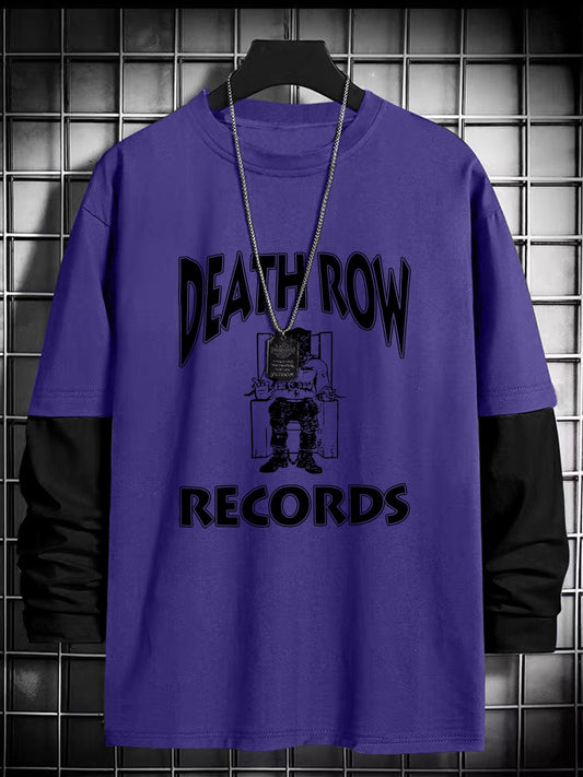 Death Row Records Graphic Print Long Sleeve T-Shirt - Casual Loose Fit Crew Neck Knit Polyester Tee with Slight Stretch for Adults - All-season Streetwear with Heat Transfer Print