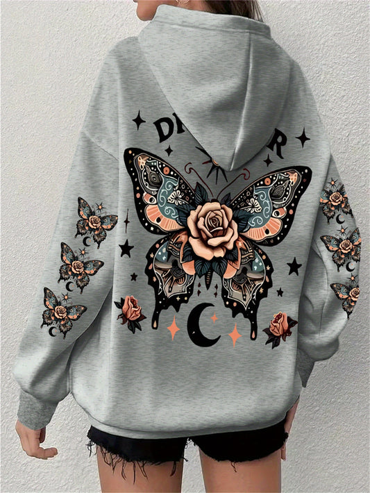 Plus Size Butterfly Print Drawstring Hoodie, Casual Long Sleeve Kangaroo Pocket Hooded Sweatshirt For Fall & Winter, Women's Plus Size Clothing