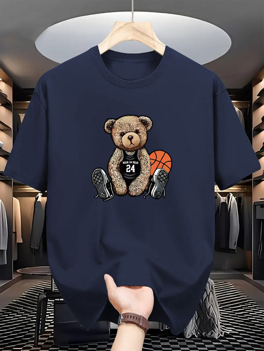 Men's Casual Bear Print T-Shirt - Crew Neck, Short Sleeve, Summer Fashion Top, Machine Washable
