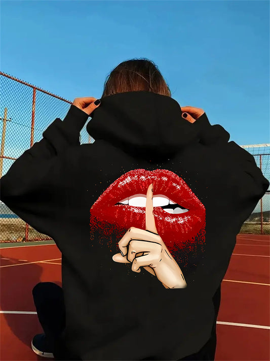Red Lip Print Long Sleeve Hooded Pullover Sweatshirt With Kangaroo Pockets, Women's Sportswear For Fall & Winter, Outdoor Wear