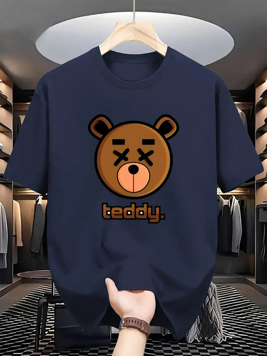 Men's Casual Short Sleeve T-Shirt with Teddy Bear Head Print, Breathable Soft Knit Fabric, Regular Fit, Polyester, Round Neck, Stretchy, All-Season, Fashionable for Outdoor & Daily Wear