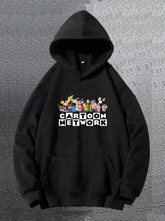 Men's Cartoon Network Hoodie, Fashionable Casual Pullover with Kangaroo Pocket, Loose Fit Long Sleeve Sweatshirt, All-Season Style, Knitted Fabric, Polyester, Geometric Print