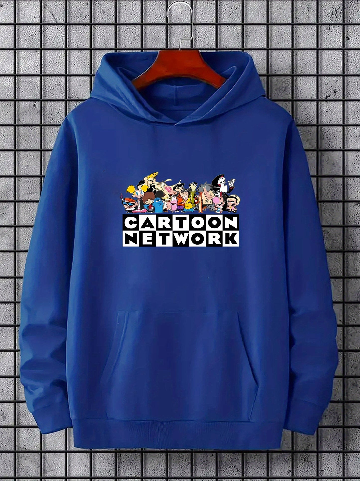 Men's Cartoon Network Hoodie, Fashionable Casual Pullover with Kangaroo Pocket, Loose Fit Long Sleeve Sweatshirt, All-Season Style, Knitted Fabric, Polyester, Geometric Print