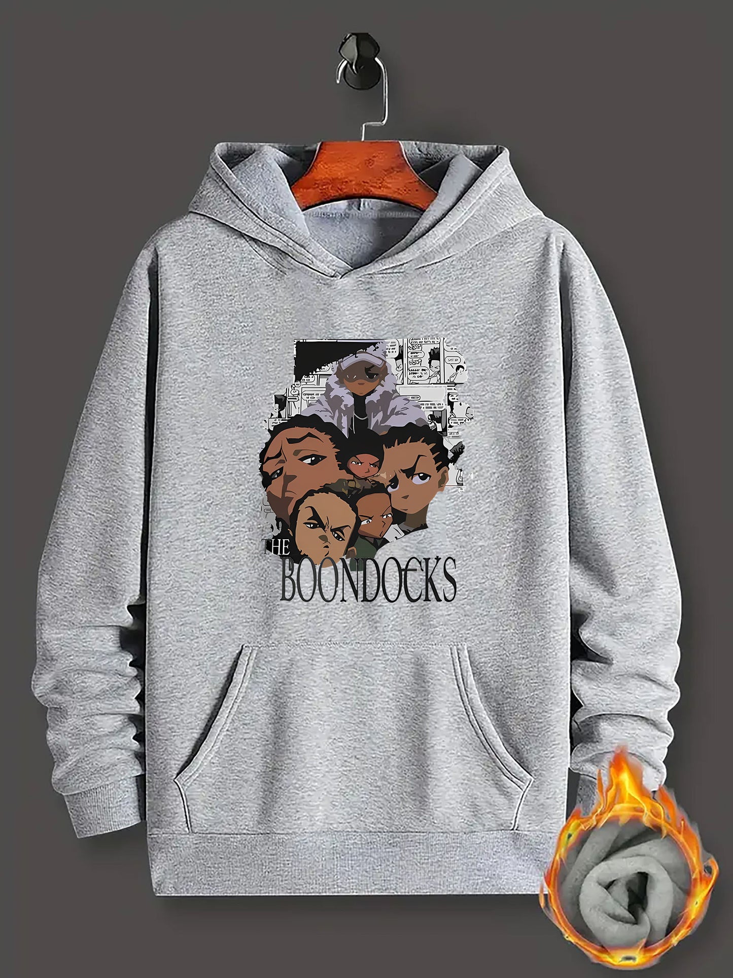 Boondocks Graphic Print Hoodie for Men - Casual Knit Polyester 100% Pullover with Kangaroo Pocket, Long Sleeve Loose Fit Hooded Sweatshirt for All Seasons, Geometric Cartoon Character Design Top