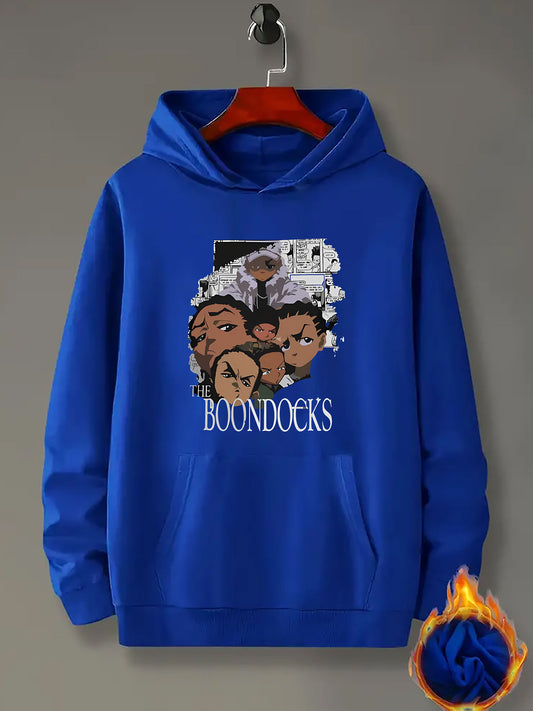 Boondocks Graphic Print Hoodie for Men - Casual Knit Polyester 100% Pullover with Kangaroo Pocket, Long Sleeve Loose Fit Hooded Sweatshirt for All Seasons, Geometric Cartoon Character Design Top