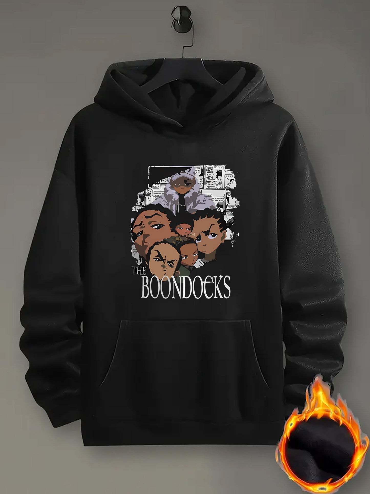 Boondocks Graphic Print Hoodie for Men - Casual Knit Polyester 100% Pullover with Kangaroo Pocket, Long Sleeve Loose Fit Hooded Sweatshirt for All Seasons, Geometric Cartoon Character Design Top