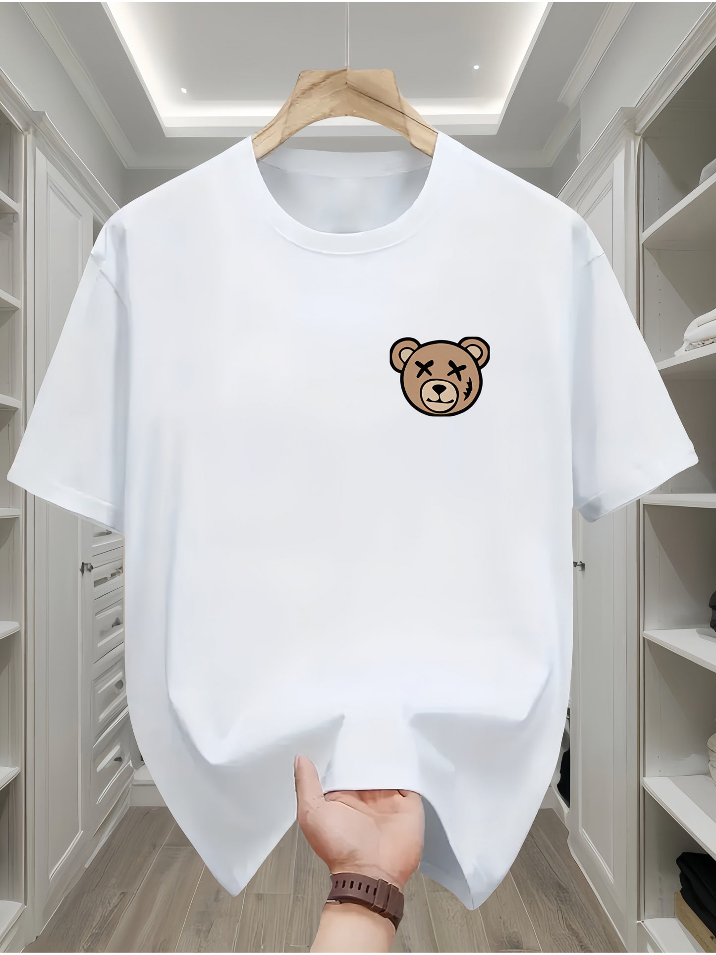 Men's Classic Black Cotton T-Shirt with Cute Bear Design - Casual, Comfortable Short Sleeve Crew Neck Tee, Machine Washable for All Seasons