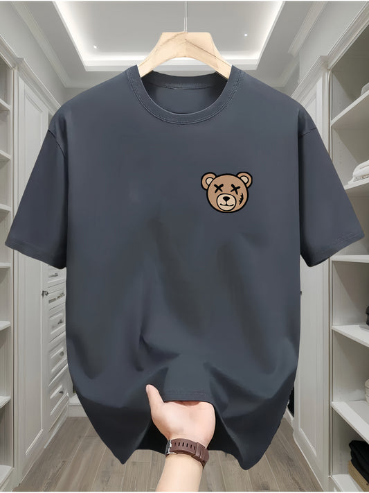 Men's Classic Black Cotton T-Shirt with Cute Bear Design - Casual, Comfortable Short Sleeve Crew Neck Tee, Machine Washable for All Seasons