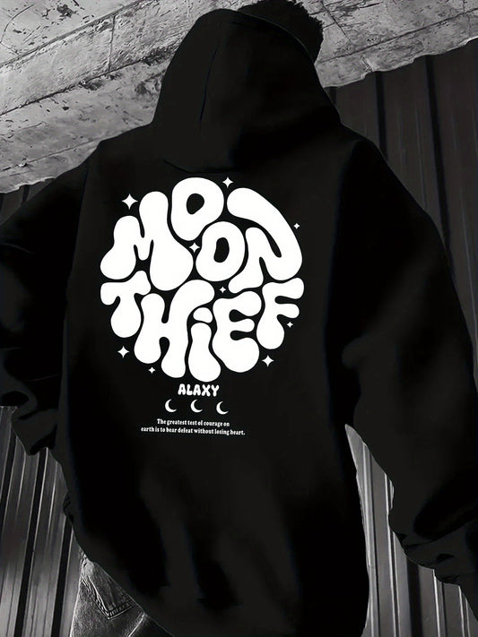 ALAXY "Moon Thief" Casual Black Hoodie - Cozy Polyester Knit Sweatshirt with Artistic Letter Print, Kangaroo Pocket, Machine Washable for Fall/Winter