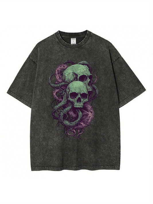 Men's Psychedelic Skull Graphic Tee - Breathable Cotton, Oversized Fit with Drop Shoulders, Casual Round Neck T-Shirt for All Seasons, Designer Clothes, Tentacles, Heavy