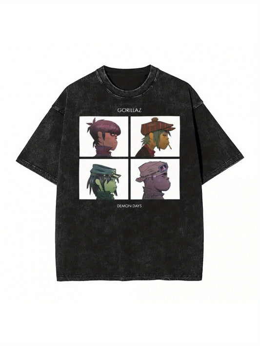 Gorillaz Demon Days Inspired Oversized T-Shirt, Cotton, Casual Streetwear with Cartoon Print, Machine Washable