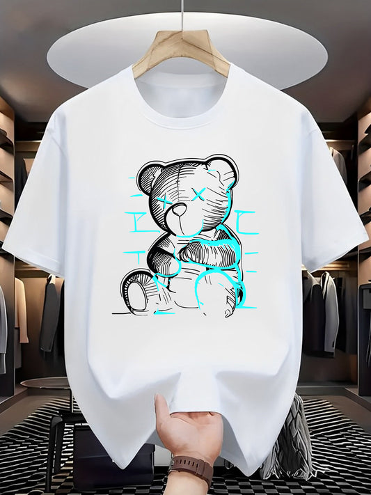 Men's Casual Bear Print T-Shirt - Soft Polyester, Crew Neck, Short Sleeve, Summer Fashion Top