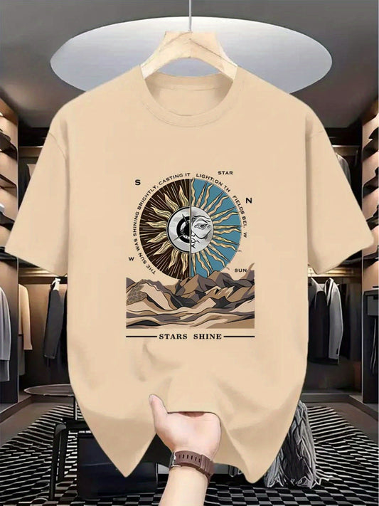 Men's Geometric Print T-Shirt - Casual Athletic Style, 100% Polyester Knit Fabric, Crew Neck, Slight Stretch, Regular Fit Tops with Detailed Pattern Design