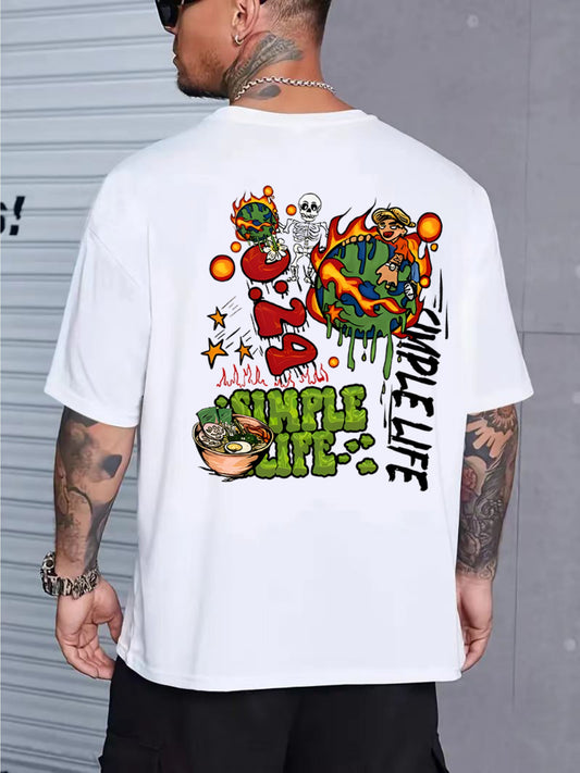 Men's Casual Vintage-Style Earth Skull Graphic Tee - Loose Fit, Breathable Polyester, Machine Washable, Round Neck T-Shirt with Unique Print Design, PLUS SIZE