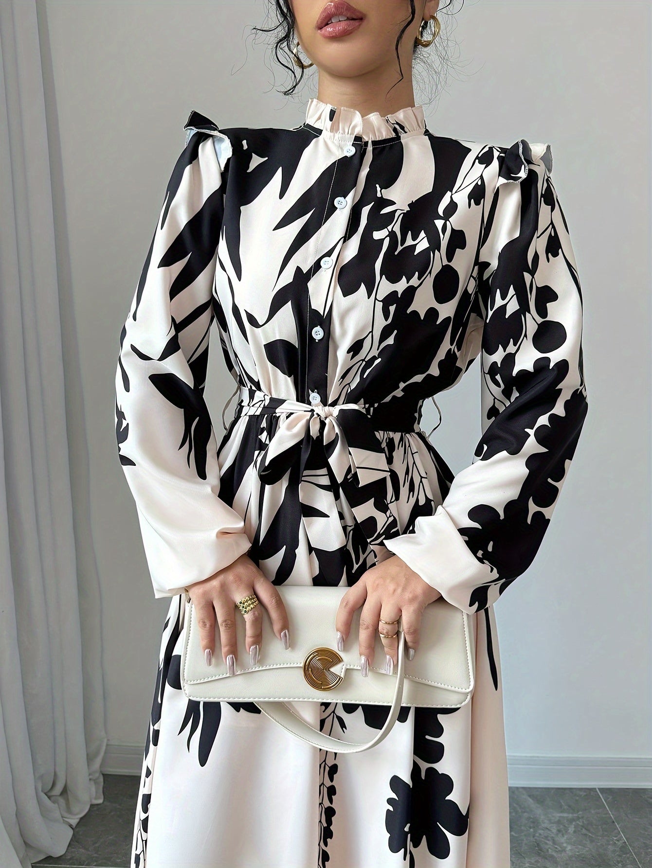 [1pc Floral Print A-Line Dress] 1pc Women'S Floral Print A-Line Dress with Waist Cinching, Polyester Fiber, Classic Collar, Autumn/Winter Season, 120g/m² Fabric Weight, 50g/m² Lining