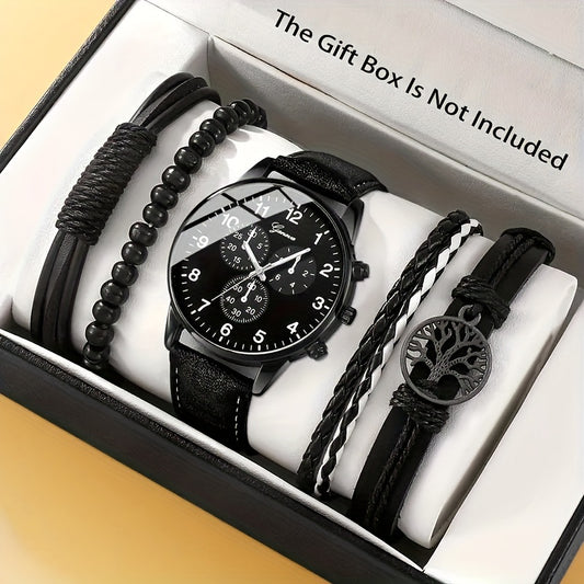 5pcs Men's Fashion Sports Quartz Watch & Bracelet Set with Faux Leather Strap - Perfect Valentine's Day or Eid Al-Adha Gift