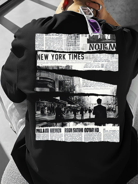 Men's Vintage Newspaper Print Casual Tee - Loose Fit, Round Neck, Polyester Blend, Summer Fashion