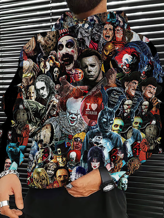 Men's Casual Horror Themed Hoodie with All Over Print - Polyester Spandex Blend, Slight Stretch, Hooded Pullover with Knit Fabric, Regular Fit for Autumn Winter