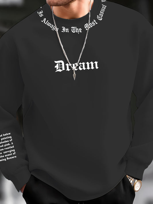 Men's "Dream" Printed Crew Neck Hoodie - Casual Black Polyester Sweatshirt with Inspirational Quote, Machine Washable, Lightweight Knit Fabric, Sweater Hoodie