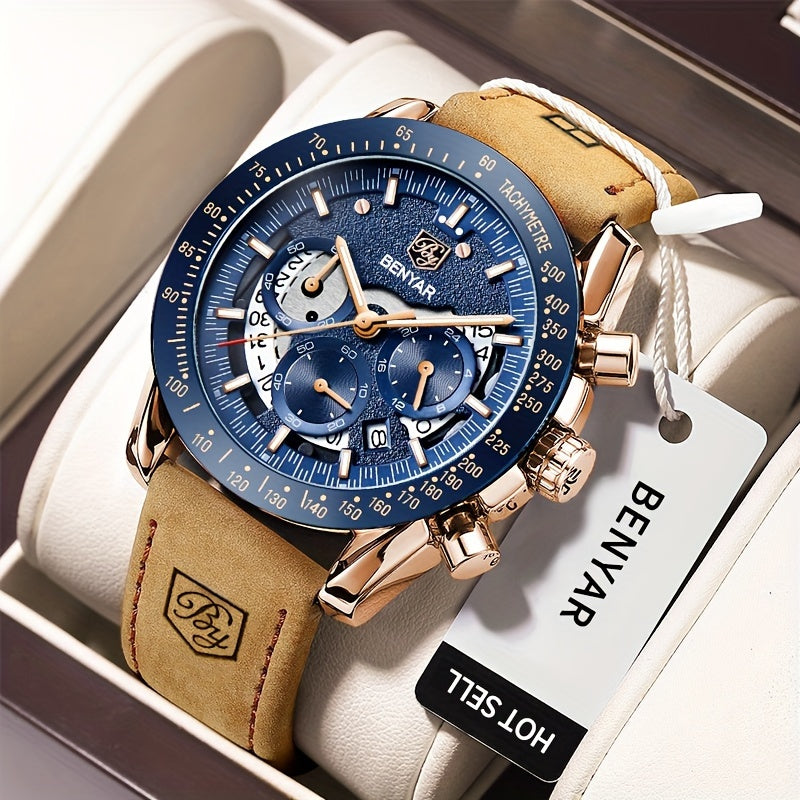 Benyar Chronograph Men's Watch - Analog Quartz Stylish Sports Wristwatch - Elegant Father's Day Gift