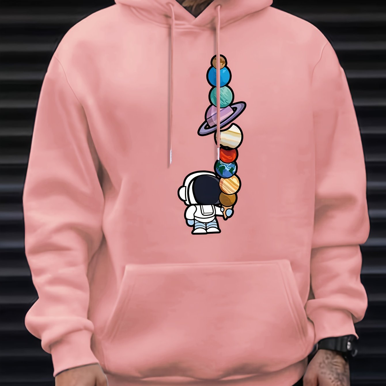 Astronaut And Planets Pattern Print Hooded Sweatshirt, Hoodies Fashion Casual Tops For Spring Autumn, Men's Clothing