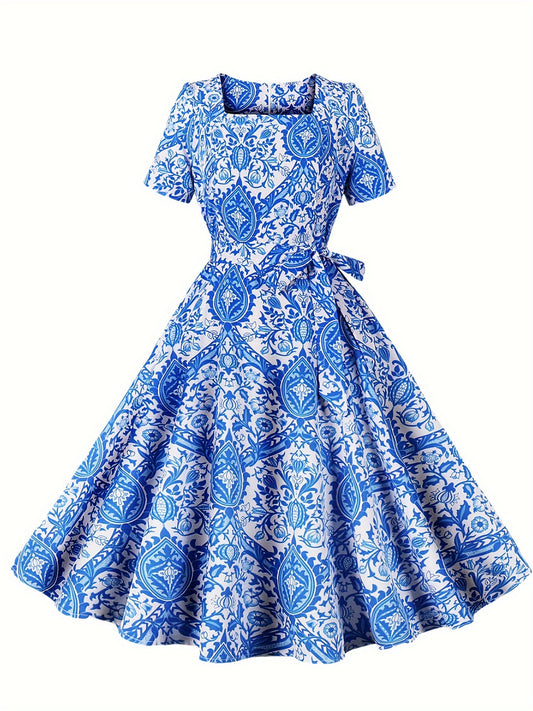 Vintage Floral Print Square Neck Dress, Elegant Short Sleeve A-line Midi Dress for Spring & Summer, Women's Clothing, Dress for Lady