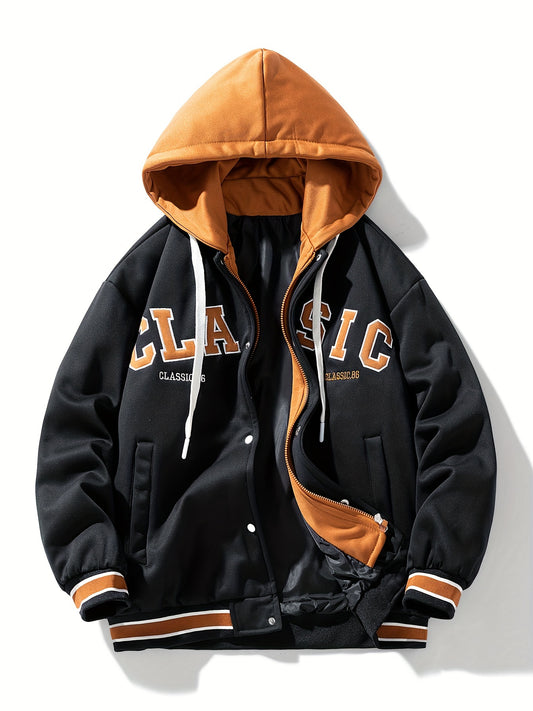 Men's Trendy Hooded Varsity Jacket - Casual Color Block Baseball Coat with Pockets, Zip-Up, Long Sleeve - Perfect for Spring & Fall