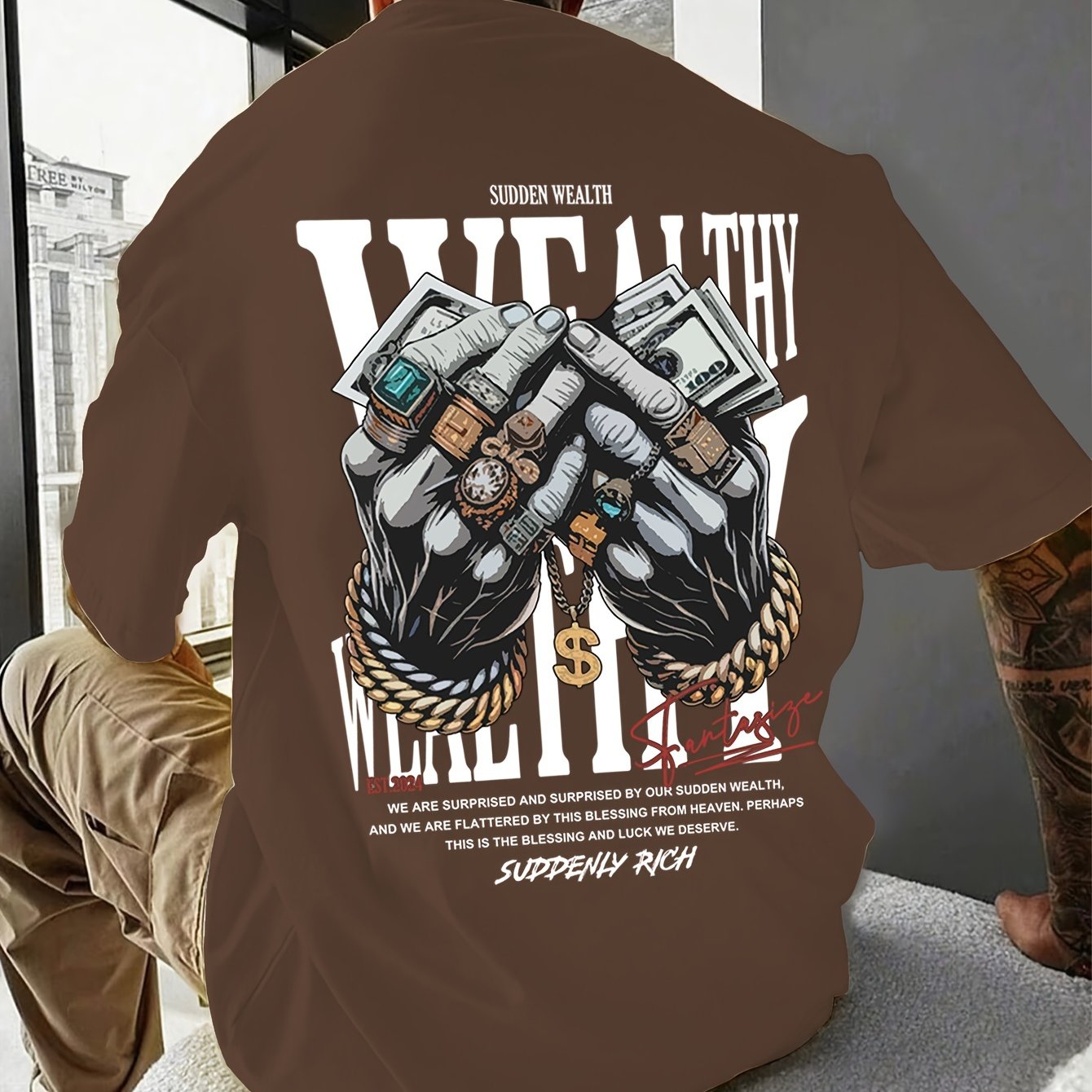 Men's Casual Graphic Tee with Unique Hand Jewelry Design - Soft Polyester Blend, Stretch Fit, Machine Washable - Perfect for Summer Outings